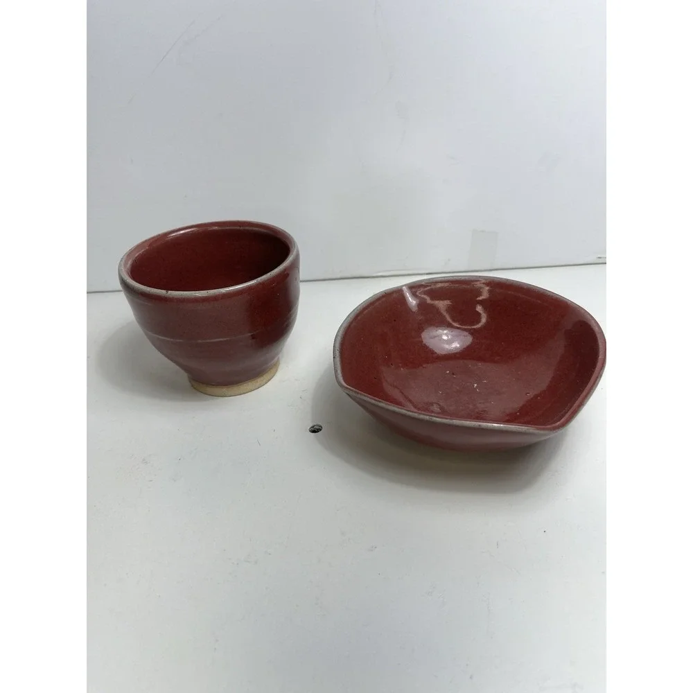 Japanese Studio Pottery Chawan Tea Cup & Bowl Set Red Glaze Signed M
